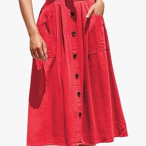 Red A Line Midi Skirt with Pockets